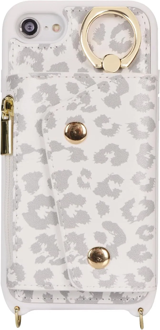 for iPhone 7/8/SE2020/SE2022 Case with Card Holder and Strap - Zipper Pocket,Crossbody Lanyard Strap,Credit Card Holder,Stand Ring,Cute Phone Wallet Case for Women(White Leopard,4.7 Inch)