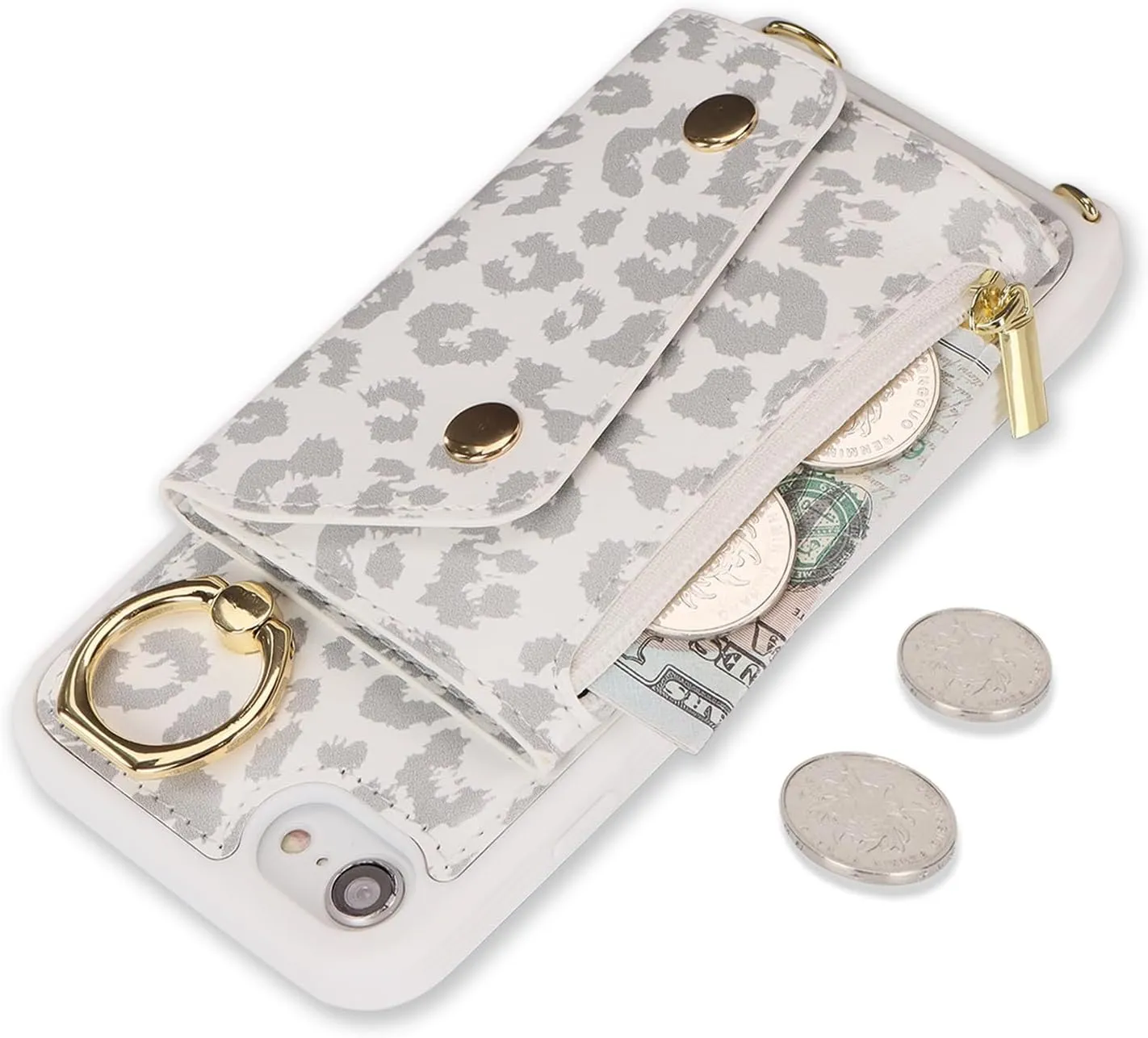 for iPhone 7/8/SE2020/SE2022 Case with Card Holder and Strap - Zipper Pocket,Crossbody Lanyard Strap,Credit Card Holder,Stand Ring,Cute Phone Wallet Case for Women(White Leopard,4.7 Inch)