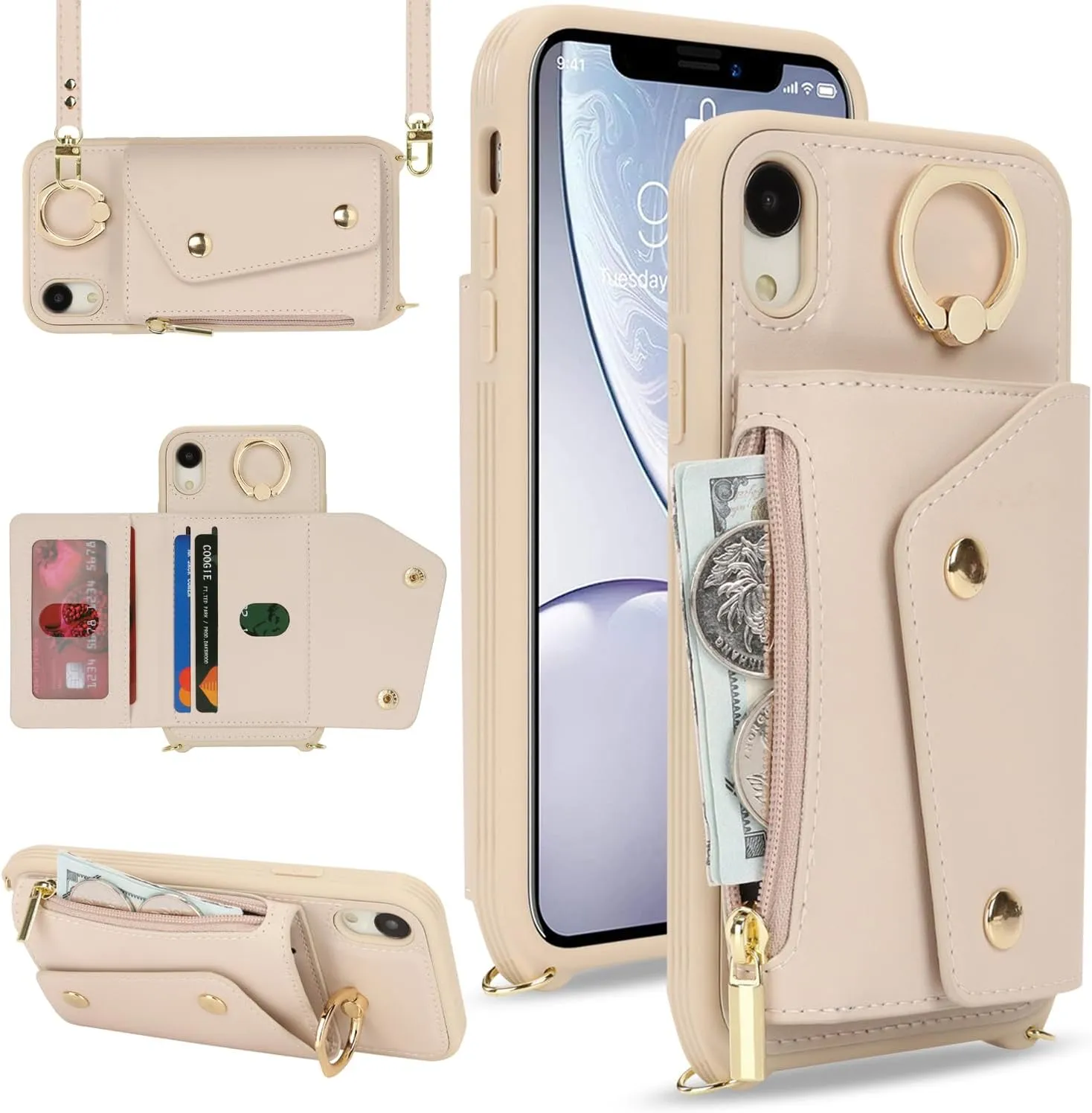 for iPhone XR Case with Card Holder and Strap - Zipper Pocket,Crossbody Lanyard Strap,Credit Card Holder,Stand Ring,Cute Phone Wallet Case for Women(Beige,6.1 Inch)