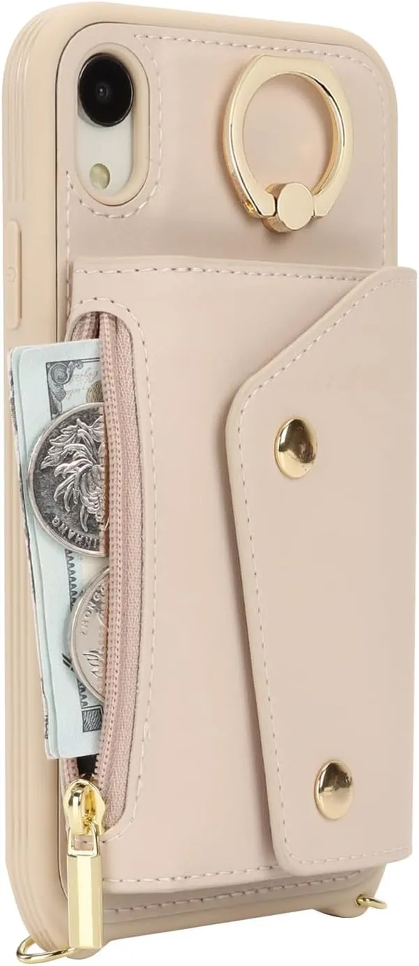 for iPhone XR Case with Card Holder and Strap - Zipper Pocket,Crossbody Lanyard Strap,Credit Card Holder,Stand Ring,Cute Phone Wallet Case for Women(Beige,6.1 Inch)