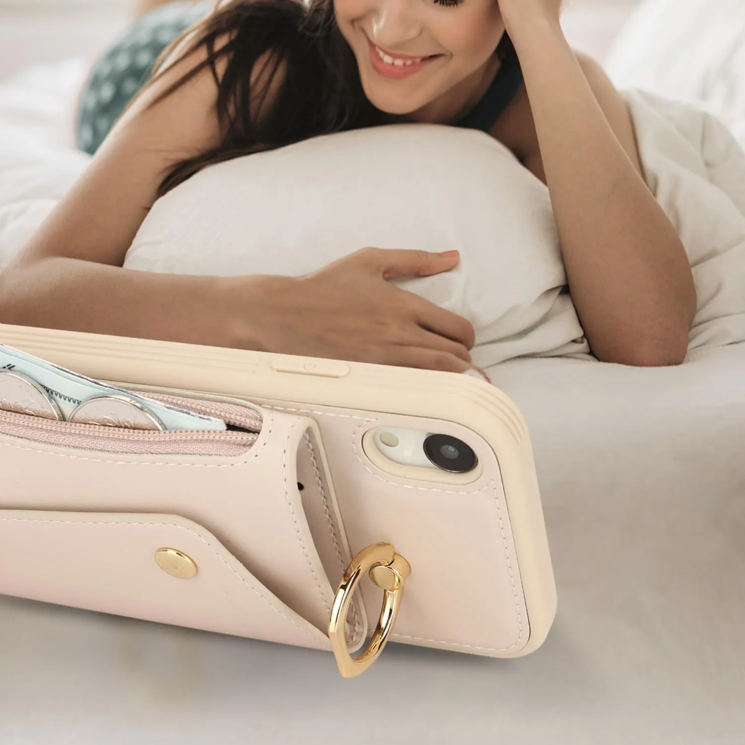 for iPhone XR Case with Card Holder and Strap - Zipper Pocket,Crossbody Lanyard Strap,Credit Card Holder,Stand Ring,Cute Phone Wallet Case for Women(Beige,6.1 Inch)
