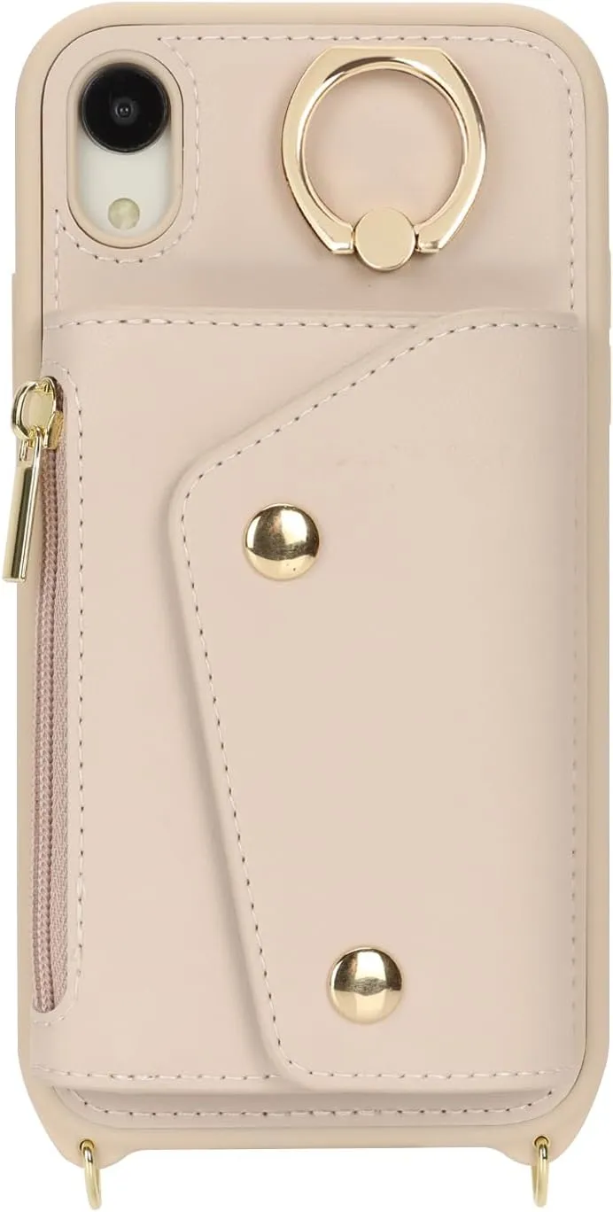 for iPhone XR Case with Card Holder and Strap - Zipper Pocket,Crossbody Lanyard Strap,Credit Card Holder,Stand Ring,Cute Phone Wallet Case for Women(Beige,6.1 Inch)