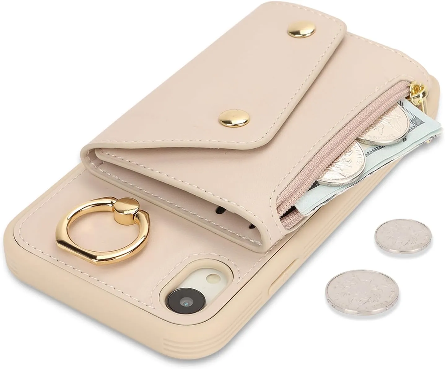 for iPhone XR Case with Card Holder and Strap - Zipper Pocket,Crossbody Lanyard Strap,Credit Card Holder,Stand Ring,Cute Phone Wallet Case for Women(Beige,6.1 Inch)