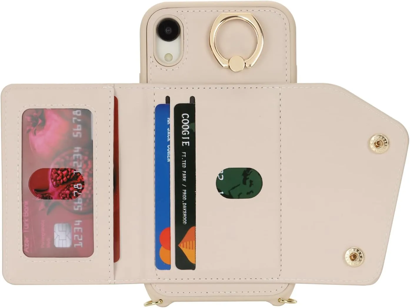 for iPhone XR Case with Card Holder and Strap - Zipper Pocket,Crossbody Lanyard Strap,Credit Card Holder,Stand Ring,Cute Phone Wallet Case for Women(Beige,6.1 Inch)
