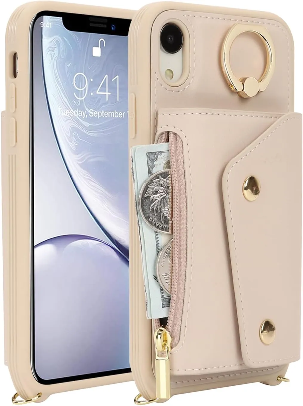 for iPhone XR Case with Card Holder and Strap - Zipper Pocket,Crossbody Lanyard Strap,Credit Card Holder,Stand Ring,Cute Phone Wallet Case for Women(Beige,6.1 Inch)