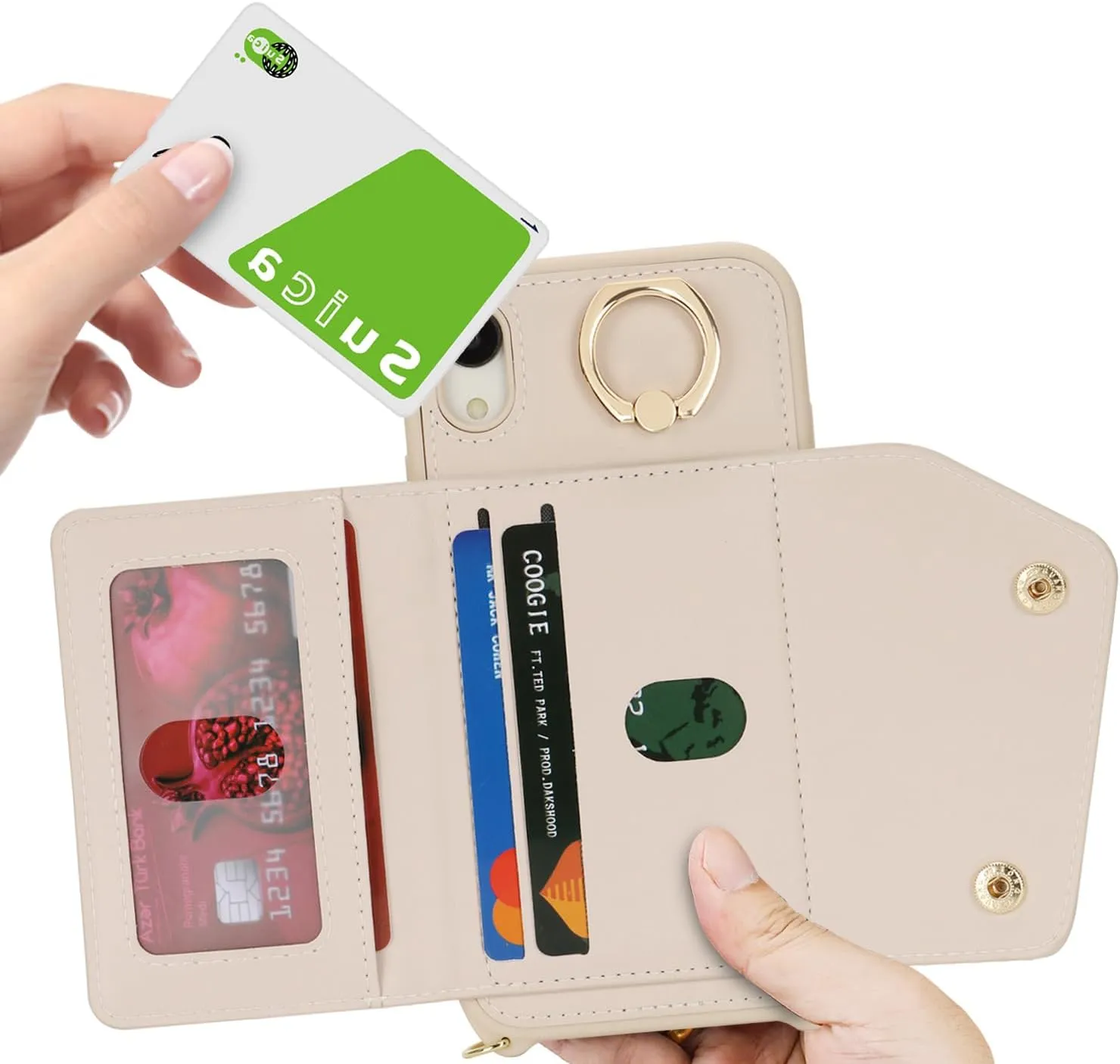 for iPhone XR Case with Card Holder and Strap - Zipper Pocket,Crossbody Lanyard Strap,Credit Card Holder,Stand Ring,Cute Phone Wallet Case for Women(Beige,6.1 Inch)