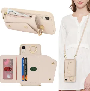 for iPhone XR Case with Card Holder and Strap - Zipper Pocket,Crossbody Lanyard Strap,Credit Card Holder,Stand Ring,Cute Phone Wallet Case for Women(Beige,6.1 Inch)