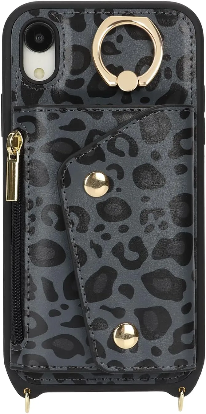 for iPhone XR Case with Card Holder and Strap - Zipper Pocket,Crossbody Lanyard Strap,Credit Card Holder,Stand Ring,Cute Phone Wallet Case for Women(Black Leopard,6.1 Inch)