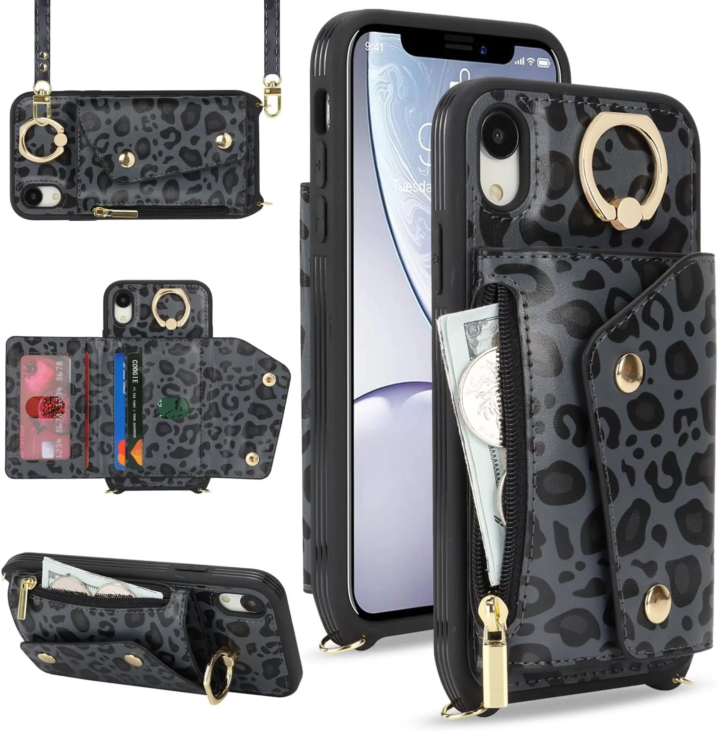 for iPhone XR Case with Card Holder and Strap - Zipper Pocket,Crossbody Lanyard Strap,Credit Card Holder,Stand Ring,Cute Phone Wallet Case for Women(Black Leopard,6.1 Inch)
