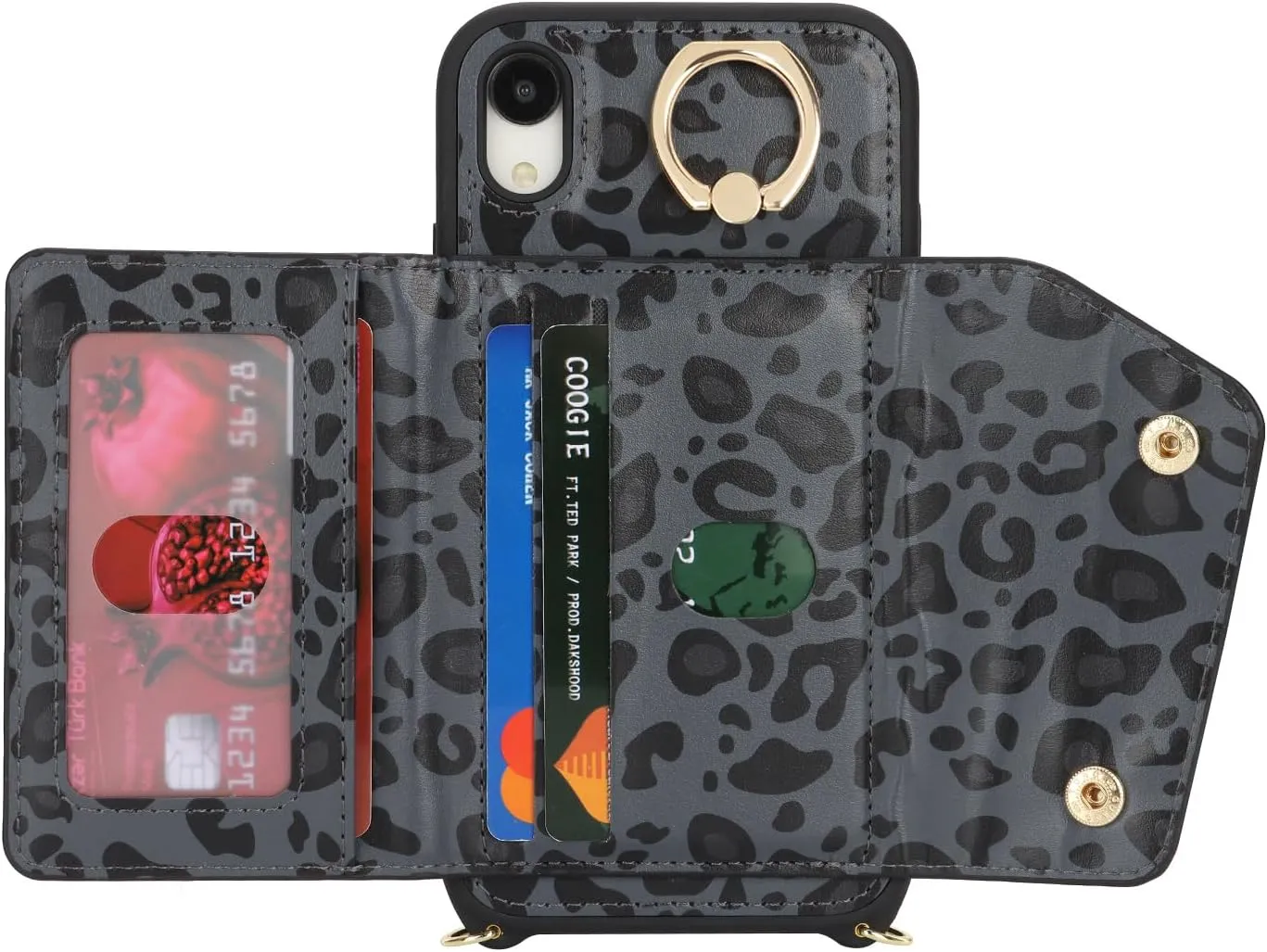 for iPhone XR Case with Card Holder and Strap - Zipper Pocket,Crossbody Lanyard Strap,Credit Card Holder,Stand Ring,Cute Phone Wallet Case for Women(Black Leopard,6.1 Inch)