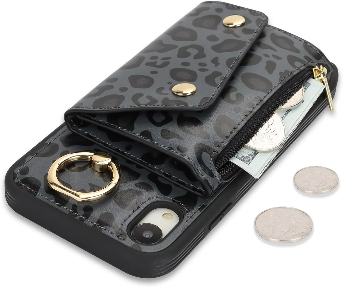 for iPhone XR Case with Card Holder and Strap - Zipper Pocket,Crossbody Lanyard Strap,Credit Card Holder,Stand Ring,Cute Phone Wallet Case for Women(Black Leopard,6.1 Inch)