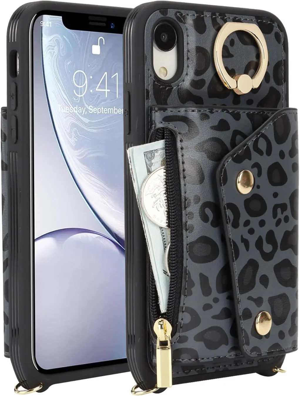 for iPhone XR Case with Card Holder and Strap - Zipper Pocket,Crossbody Lanyard Strap,Credit Card Holder,Stand Ring,Cute Phone Wallet Case for Women(Black Leopard,6.1 Inch)