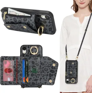 for iPhone XR Case with Card Holder and Strap - Zipper Pocket,Crossbody Lanyard Strap,Credit Card Holder,Stand Ring,Cute Phone Wallet Case for Women(Black Leopard,6.1 Inch)