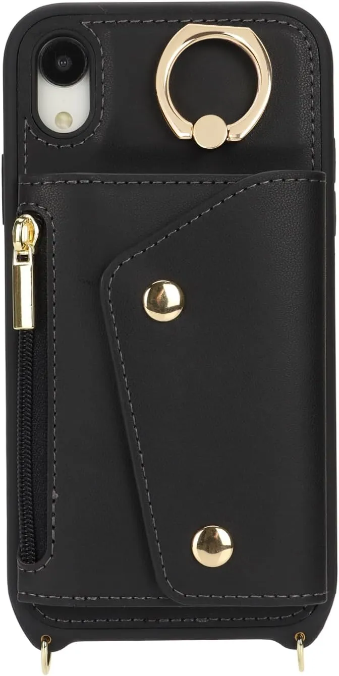 for iPhone XR Case with Card Holder and Strap - Zipper Pocket,Crossbody Lanyard Strap,Credit Card Holder,Stand Ring,Cute Phone Wallet Case for Women(Black,6.1 Inch)