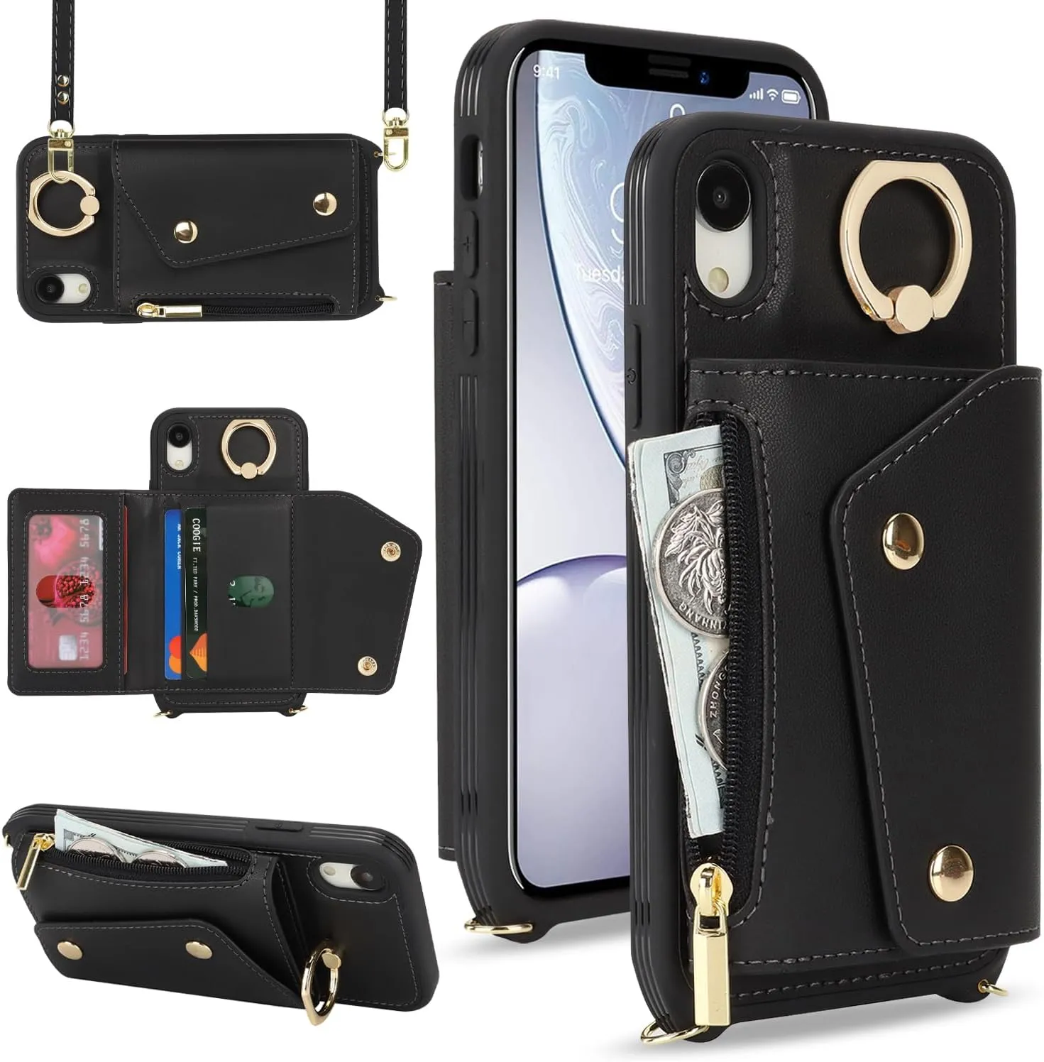 for iPhone XR Case with Card Holder and Strap - Zipper Pocket,Crossbody Lanyard Strap,Credit Card Holder,Stand Ring,Cute Phone Wallet Case for Women(Black,6.1 Inch)