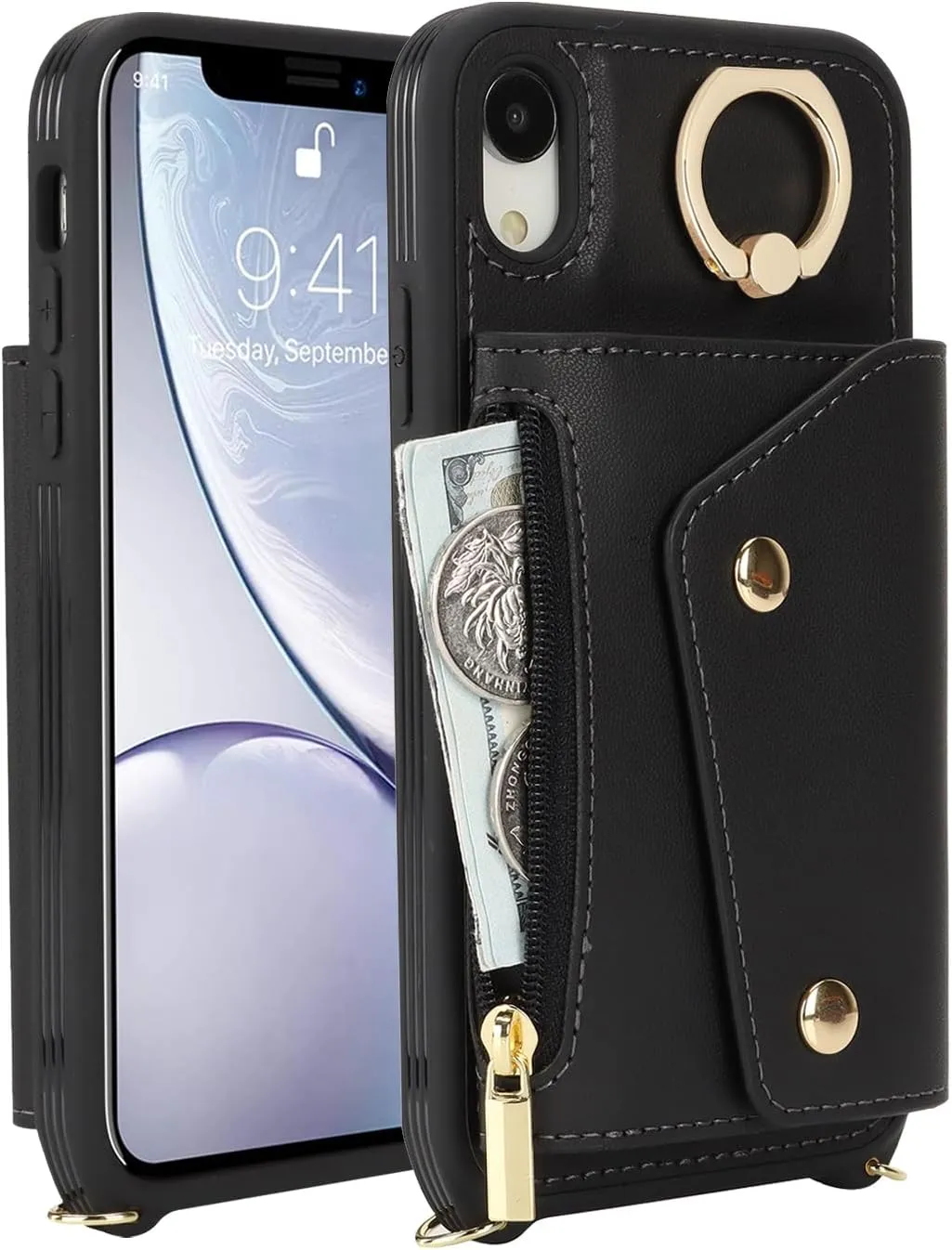 for iPhone XR Case with Card Holder and Strap - Zipper Pocket,Crossbody Lanyard Strap,Credit Card Holder,Stand Ring,Cute Phone Wallet Case for Women(Black,6.1 Inch)