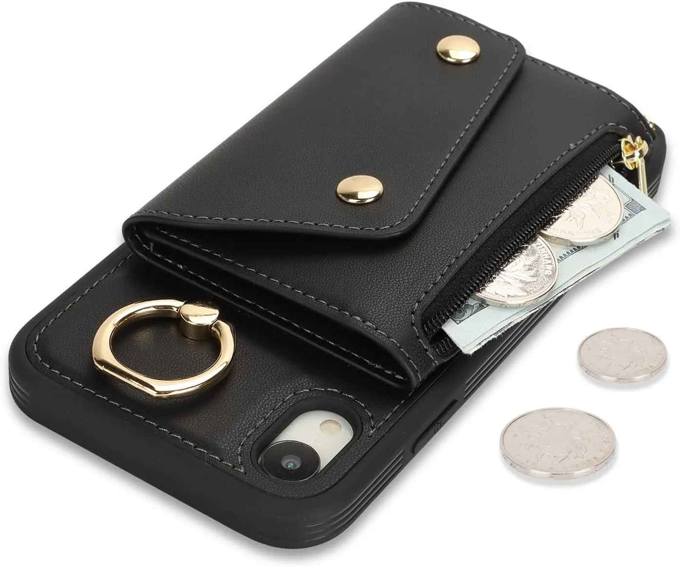 for iPhone XR Case with Card Holder and Strap - Zipper Pocket,Crossbody Lanyard Strap,Credit Card Holder,Stand Ring,Cute Phone Wallet Case for Women(Black,6.1 Inch)