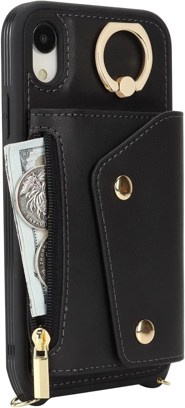 for iPhone XR Case with Card Holder and Strap - Zipper Pocket,Crossbody Lanyard Strap,Credit Card Holder,Stand Ring,Cute Phone Wallet Case for Women(Black,6.1 Inch)