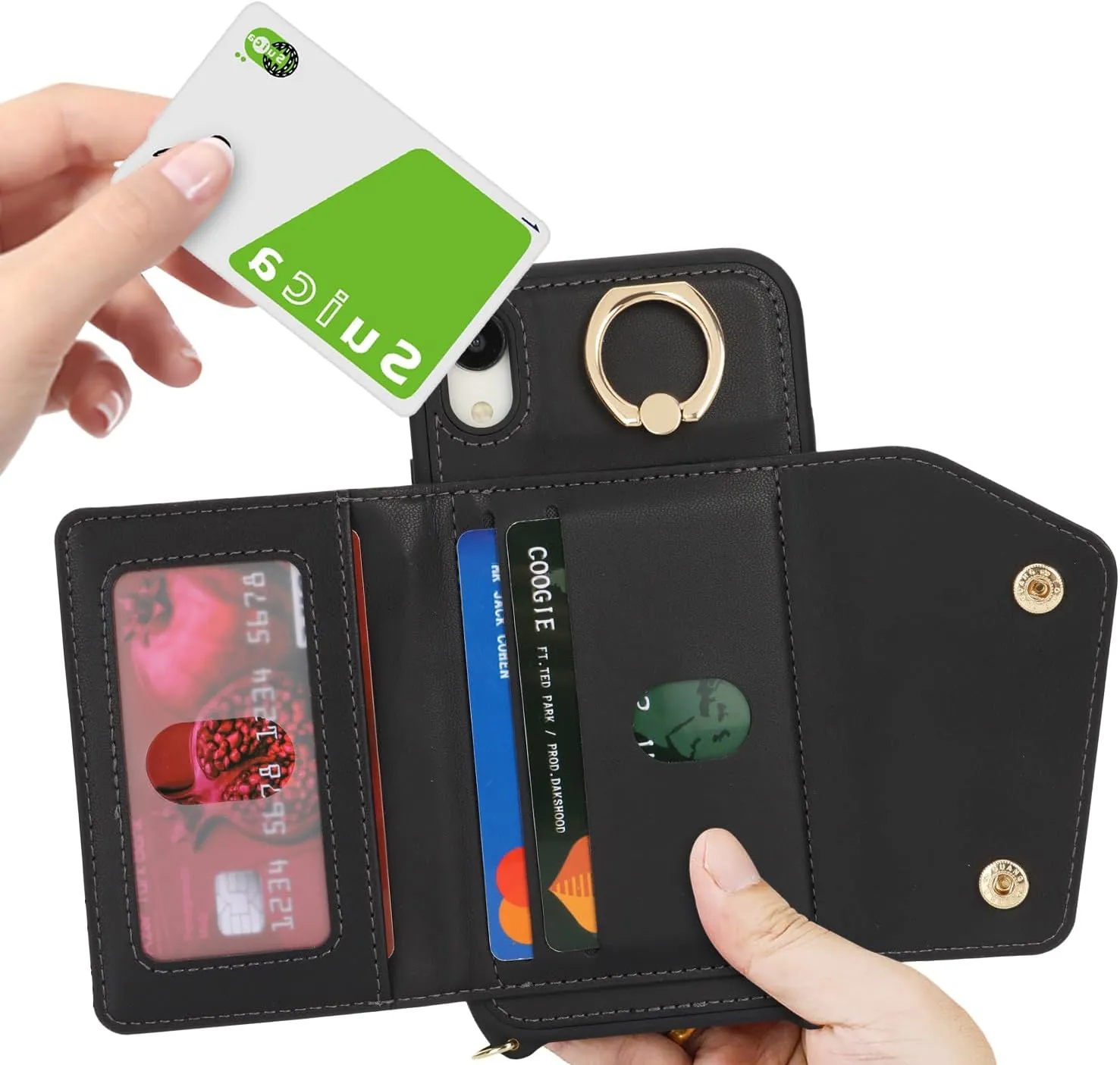 for iPhone XR Case with Card Holder and Strap - Zipper Pocket,Crossbody Lanyard Strap,Credit Card Holder,Stand Ring,Cute Phone Wallet Case for Women(Black,6.1 Inch)