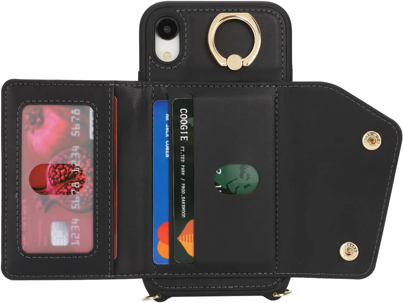 for iPhone XR Case with Card Holder and Strap - Zipper Pocket,Crossbody Lanyard Strap,Credit Card Holder,Stand Ring,Cute Phone Wallet Case for Women(Black,6.1 Inch)