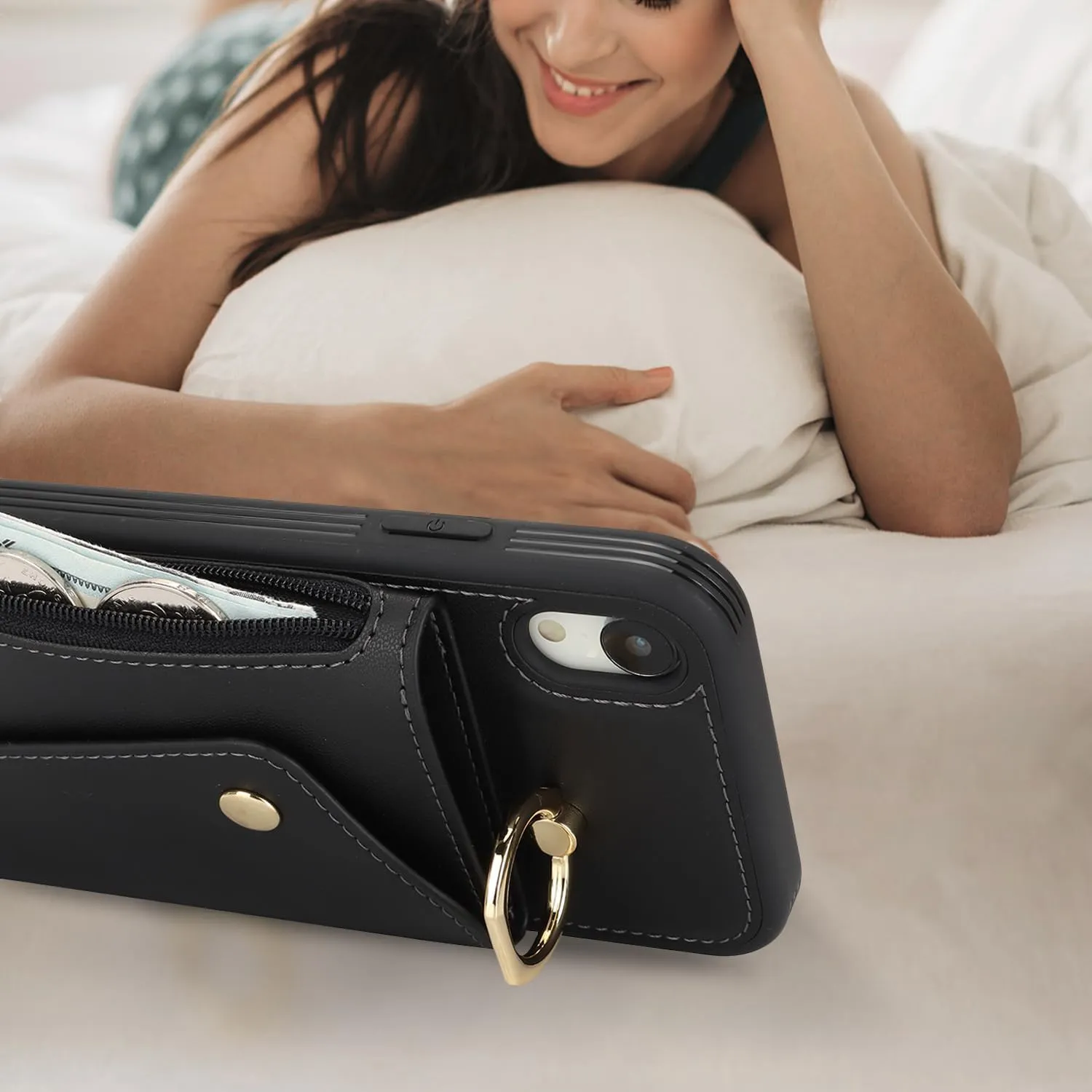 for iPhone XR Case with Card Holder and Strap - Zipper Pocket,Crossbody Lanyard Strap,Credit Card Holder,Stand Ring,Cute Phone Wallet Case for Women(Black,6.1 Inch)
