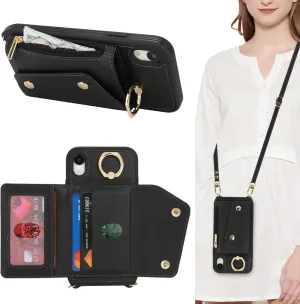 for iPhone XR Case with Card Holder and Strap - Zipper Pocket,Crossbody Lanyard Strap,Credit Card Holder,Stand Ring,Cute Phone Wallet Case for Women(Black,6.1 Inch)