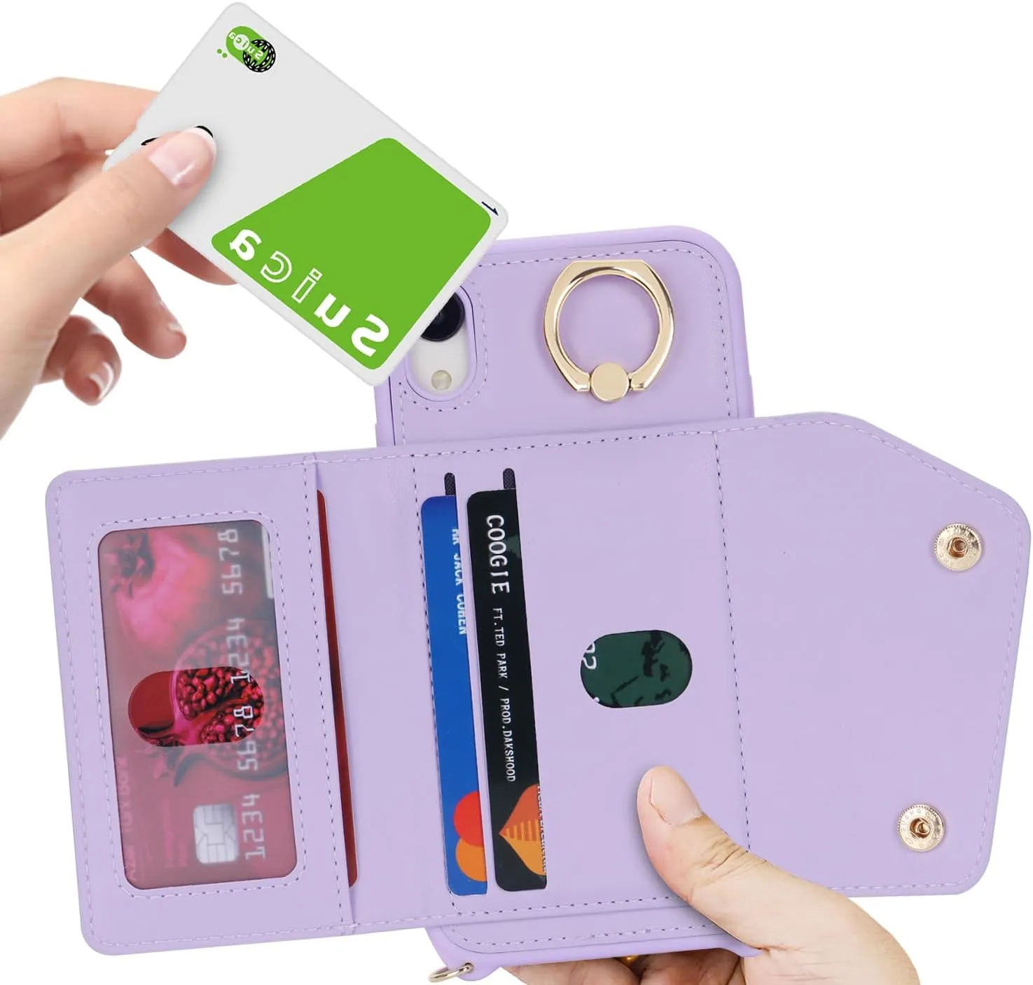 for iPhone XR Case with Card Holder and Strap - Zipper Pocket,Crossbody Lanyard Strap,Credit Card Holder,Stand Ring,Cute Phone Wallet Case for Women(Purple,6.1 Inch)