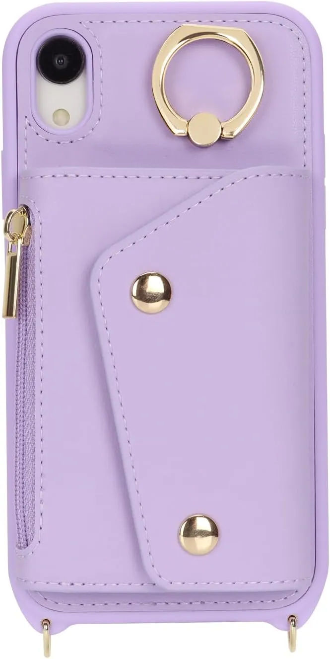 for iPhone XR Case with Card Holder and Strap - Zipper Pocket,Crossbody Lanyard Strap,Credit Card Holder,Stand Ring,Cute Phone Wallet Case for Women(Purple,6.1 Inch)