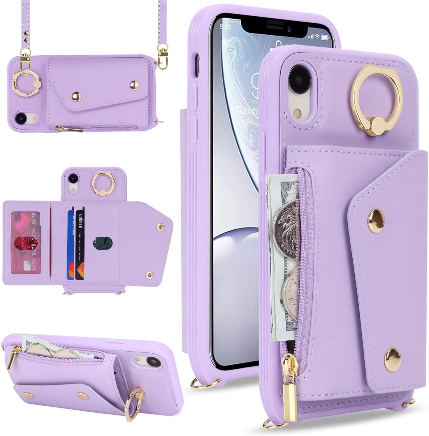 for iPhone XR Case with Card Holder and Strap - Zipper Pocket,Crossbody Lanyard Strap,Credit Card Holder,Stand Ring,Cute Phone Wallet Case for Women(Purple,6.1 Inch)