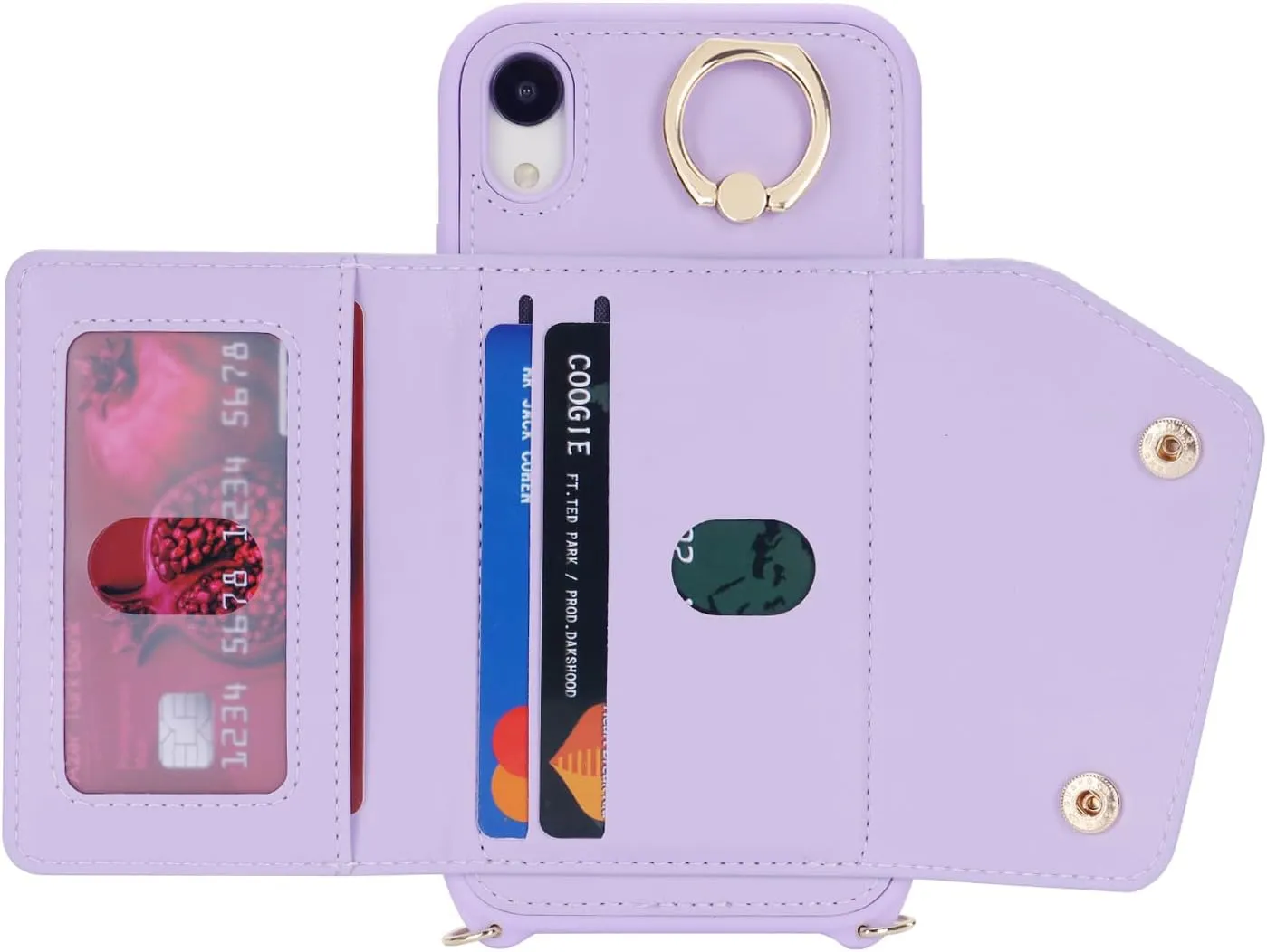 for iPhone XR Case with Card Holder and Strap - Zipper Pocket,Crossbody Lanyard Strap,Credit Card Holder,Stand Ring,Cute Phone Wallet Case for Women(Purple,6.1 Inch)