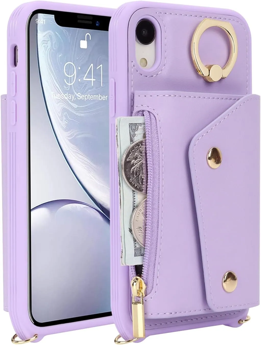 for iPhone XR Case with Card Holder and Strap - Zipper Pocket,Crossbody Lanyard Strap,Credit Card Holder,Stand Ring,Cute Phone Wallet Case for Women(Purple,6.1 Inch)