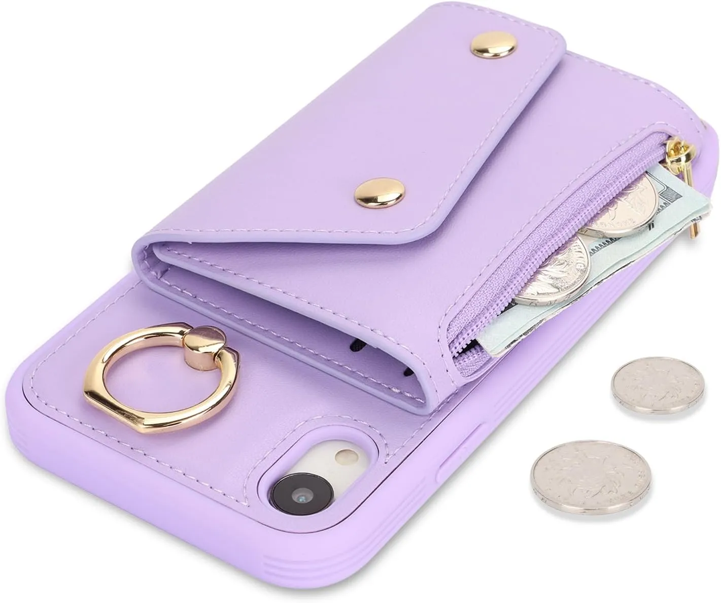 for iPhone XR Case with Card Holder and Strap - Zipper Pocket,Crossbody Lanyard Strap,Credit Card Holder,Stand Ring,Cute Phone Wallet Case for Women(Purple,6.1 Inch)