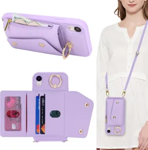 for iPhone XR Case with Card Holder and Strap - Zipper Pocket,Crossbody Lanyard Strap,Credit Card Holder,Stand Ring,Cute Phone Wallet Case for Women(Purple,6.1 Inch)