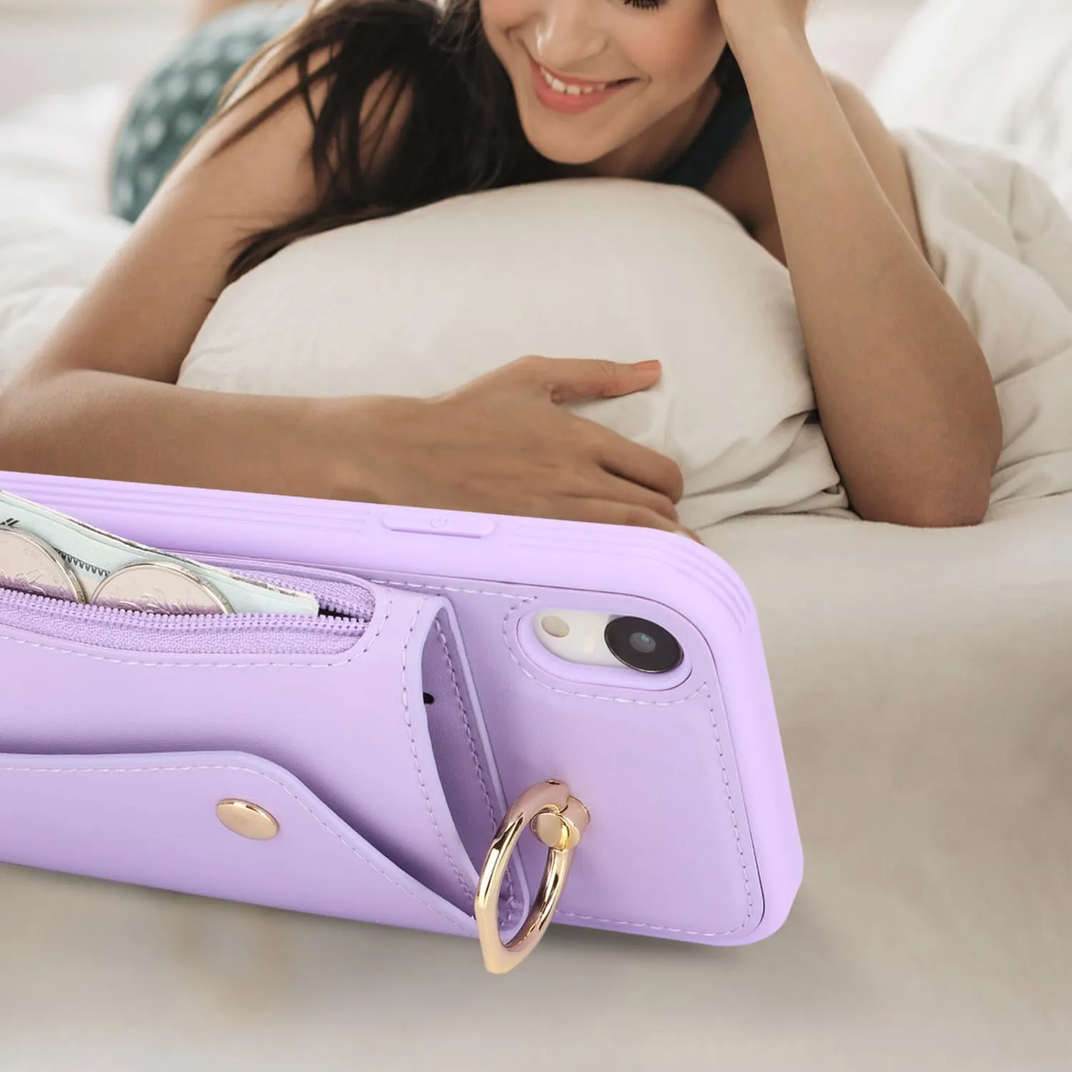 for iPhone XR Case with Card Holder and Strap - Zipper Pocket,Crossbody Lanyard Strap,Credit Card Holder,Stand Ring,Cute Phone Wallet Case for Women(Purple,6.1 Inch)