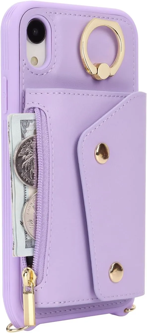 for iPhone XR Case with Card Holder and Strap - Zipper Pocket,Crossbody Lanyard Strap,Credit Card Holder,Stand Ring,Cute Phone Wallet Case for Women(Purple,6.1 Inch)
