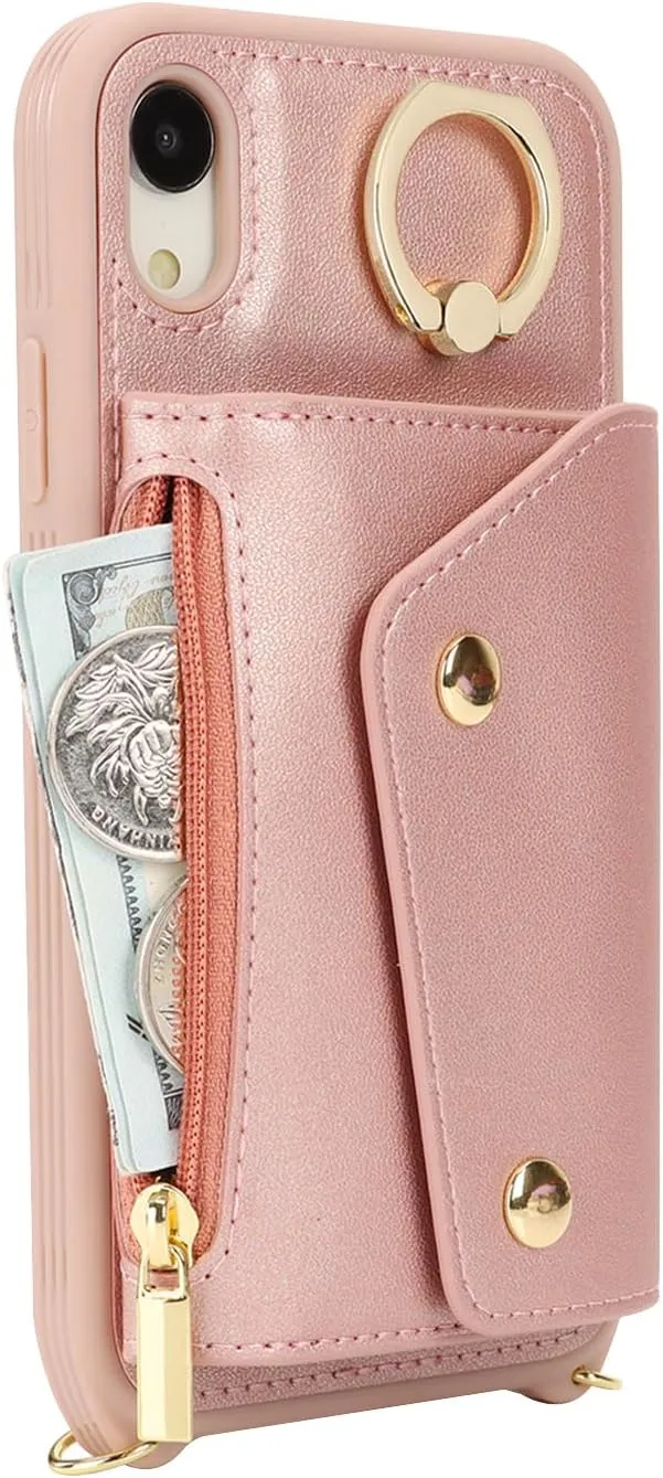 for iPhone XR Case with Card Holder and Strap - Zipper Pocket,Crossbody Lanyard Strap,Credit Card Holder,Stand Ring,Cute Phone Wallet Case for Women(Rose Gold,6.1 Inch)