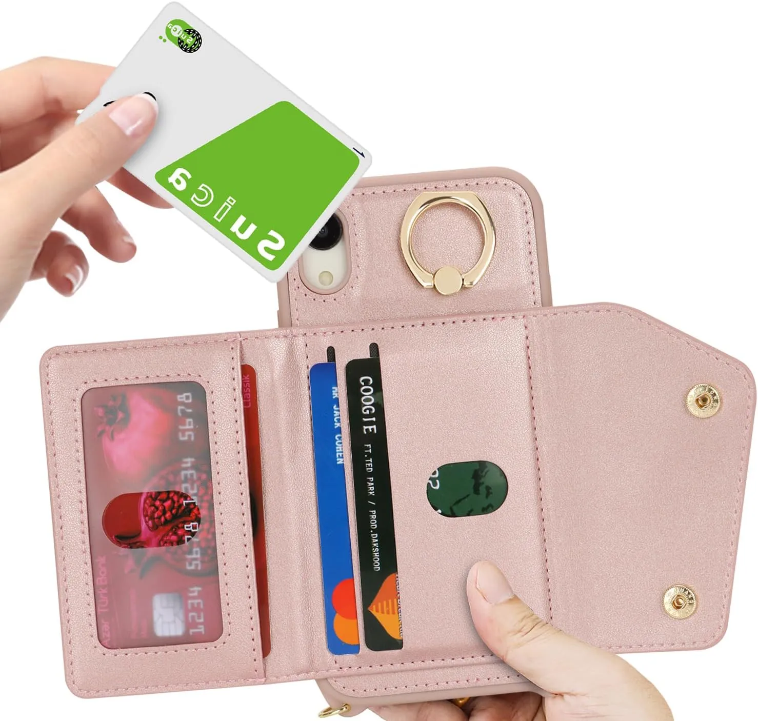 for iPhone XR Case with Card Holder and Strap - Zipper Pocket,Crossbody Lanyard Strap,Credit Card Holder,Stand Ring,Cute Phone Wallet Case for Women(Rose Gold,6.1 Inch)