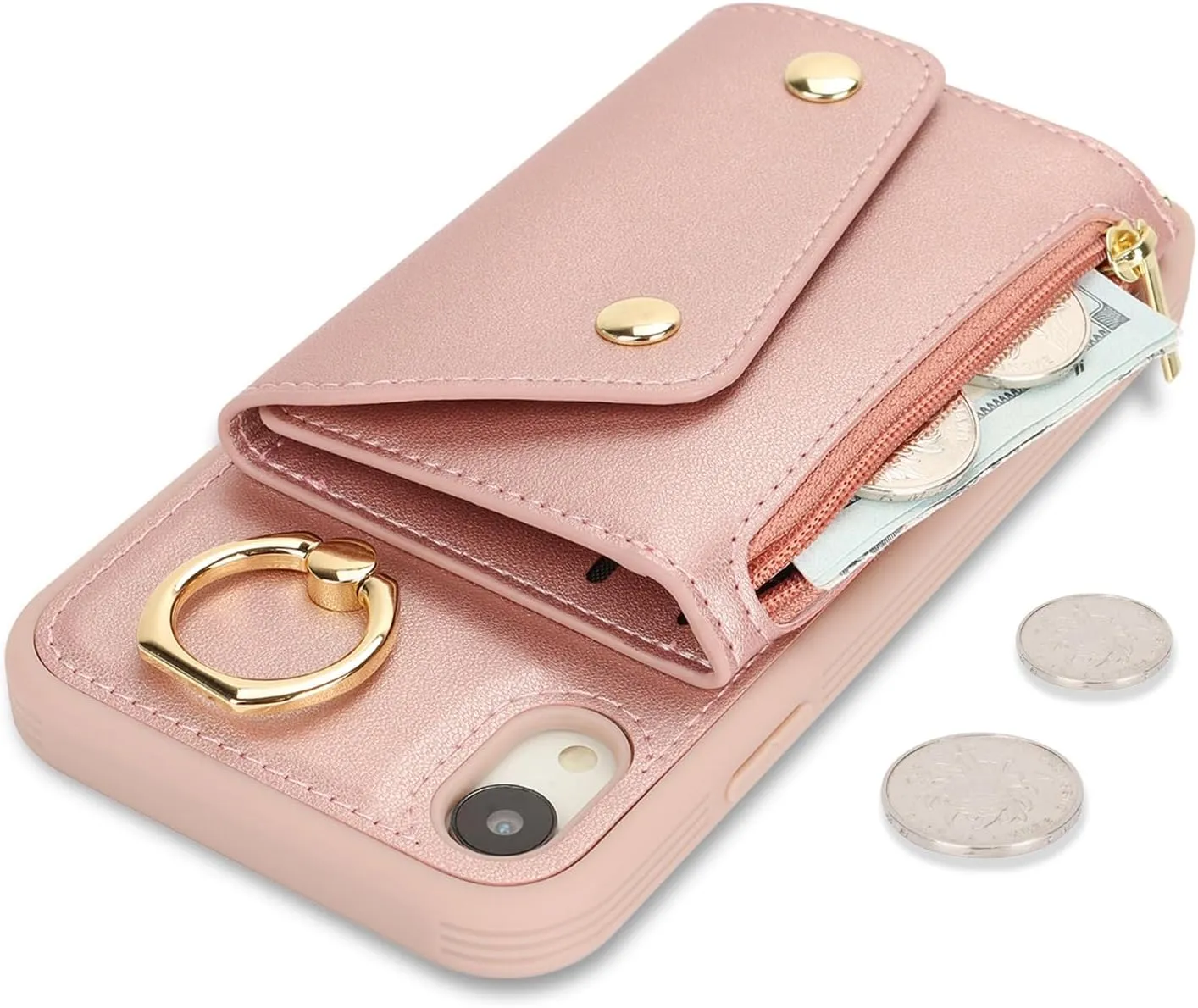 for iPhone XR Case with Card Holder and Strap - Zipper Pocket,Crossbody Lanyard Strap,Credit Card Holder,Stand Ring,Cute Phone Wallet Case for Women(Rose Gold,6.1 Inch)