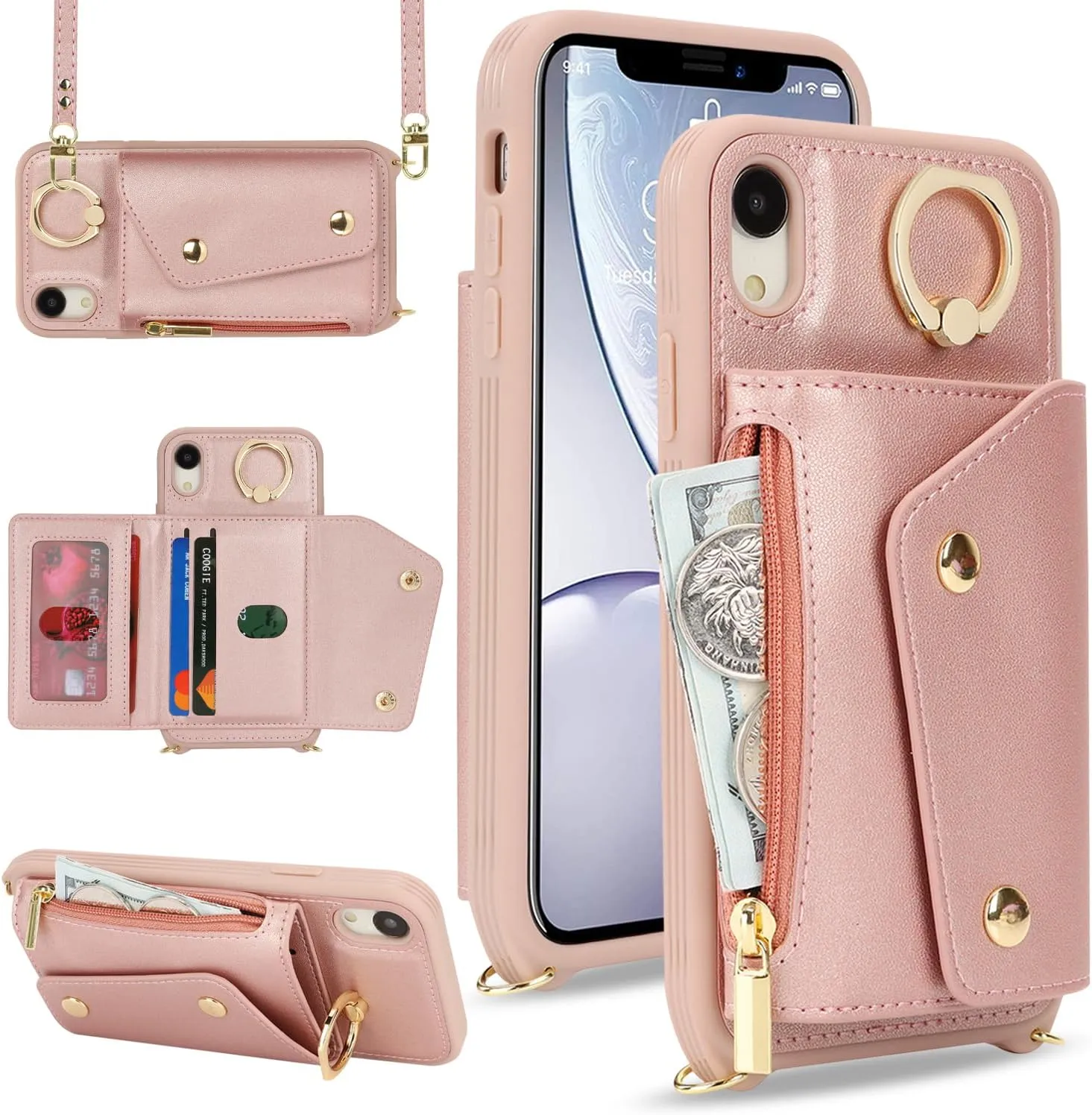 for iPhone XR Case with Card Holder and Strap - Zipper Pocket,Crossbody Lanyard Strap,Credit Card Holder,Stand Ring,Cute Phone Wallet Case for Women(Rose Gold,6.1 Inch)