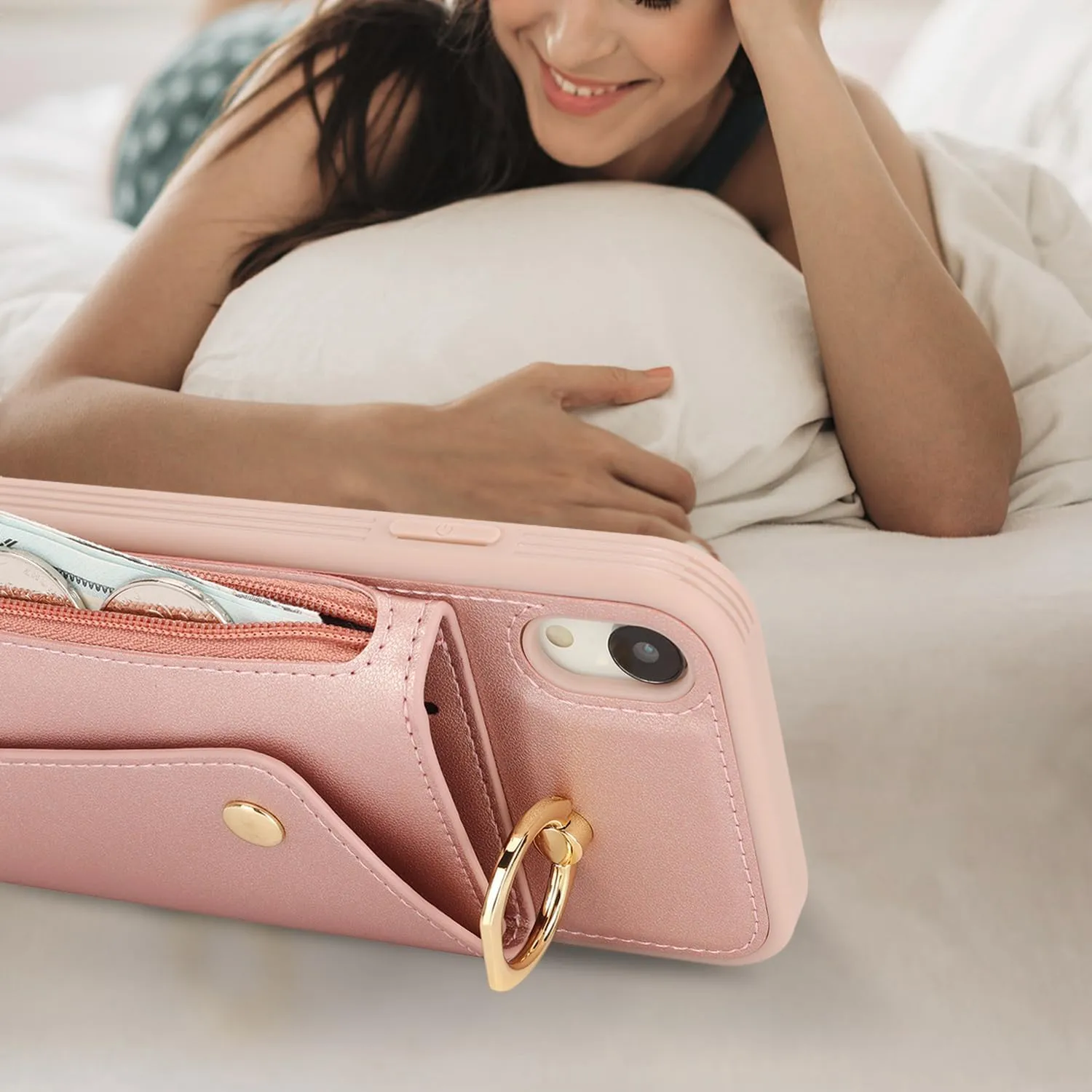 for iPhone XR Case with Card Holder and Strap - Zipper Pocket,Crossbody Lanyard Strap,Credit Card Holder,Stand Ring,Cute Phone Wallet Case for Women(Rose Gold,6.1 Inch)