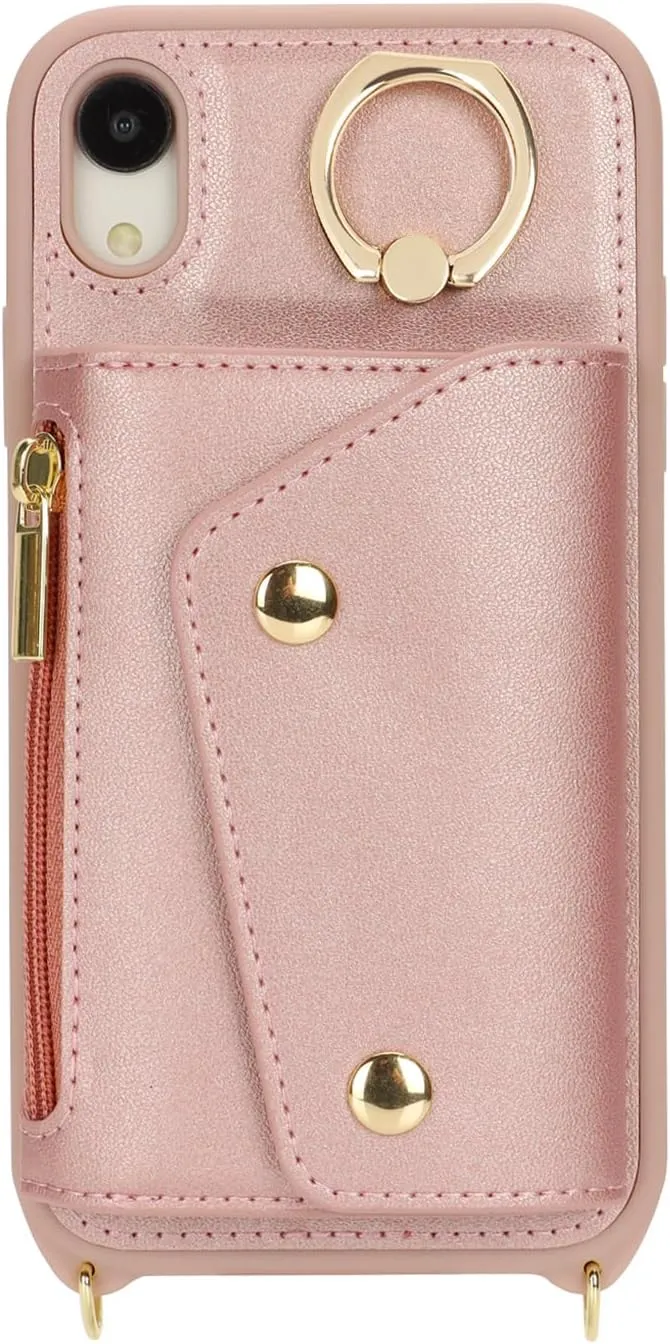 for iPhone XR Case with Card Holder and Strap - Zipper Pocket,Crossbody Lanyard Strap,Credit Card Holder,Stand Ring,Cute Phone Wallet Case for Women(Rose Gold,6.1 Inch)