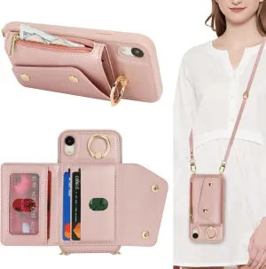 for iPhone XR Case with Card Holder and Strap - Zipper Pocket,Crossbody Lanyard Strap,Credit Card Holder,Stand Ring,Cute Phone Wallet Case for Women(Rose Gold,6.1 Inch)
