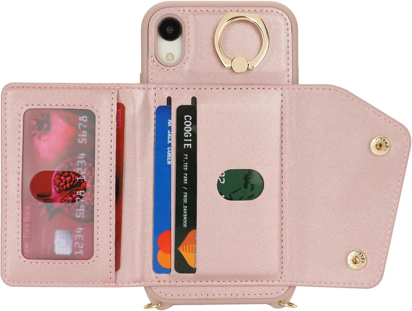 for iPhone XR Case with Card Holder and Strap - Zipper Pocket,Crossbody Lanyard Strap,Credit Card Holder,Stand Ring,Cute Phone Wallet Case for Women(Rose Gold,6.1 Inch)