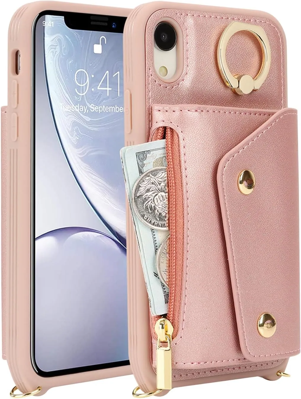 for iPhone XR Case with Card Holder and Strap - Zipper Pocket,Crossbody Lanyard Strap,Credit Card Holder,Stand Ring,Cute Phone Wallet Case for Women(Rose Gold,6.1 Inch)