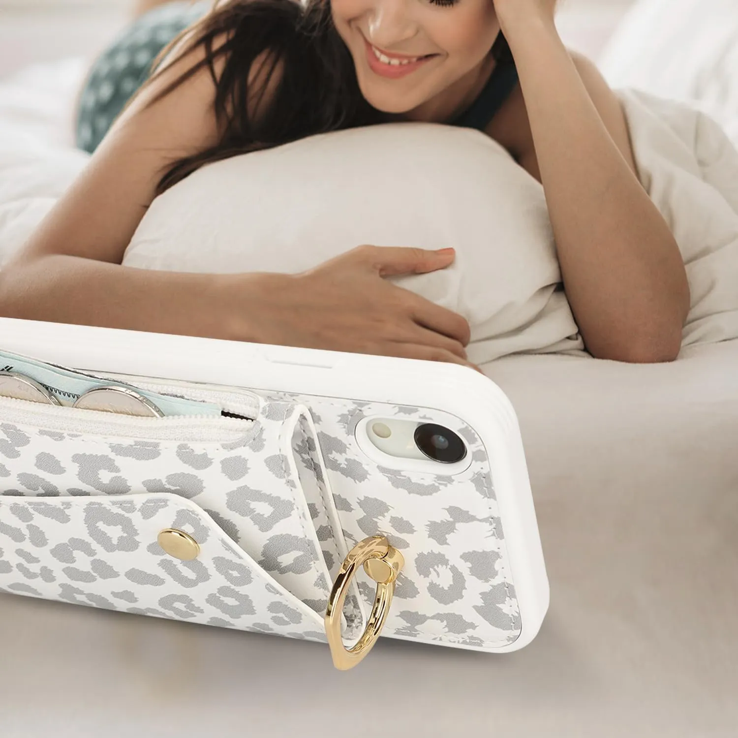 for iPhone XR Case with Card Holder and Strap - Zipper Pocket,Crossbody Lanyard Strap,Credit Card Holder,Stand Ring,Cute Phone Wallet Case for Women(White Leopard,6.1 Inch)