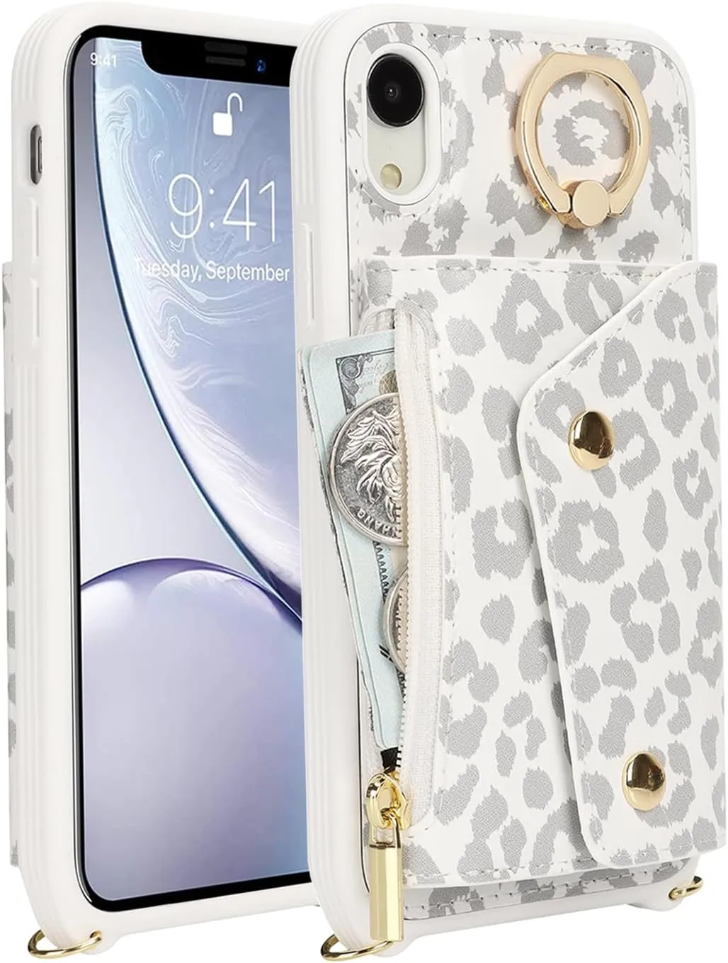 for iPhone XR Case with Card Holder and Strap - Zipper Pocket,Crossbody Lanyard Strap,Credit Card Holder,Stand Ring,Cute Phone Wallet Case for Women(White Leopard,6.1 Inch)