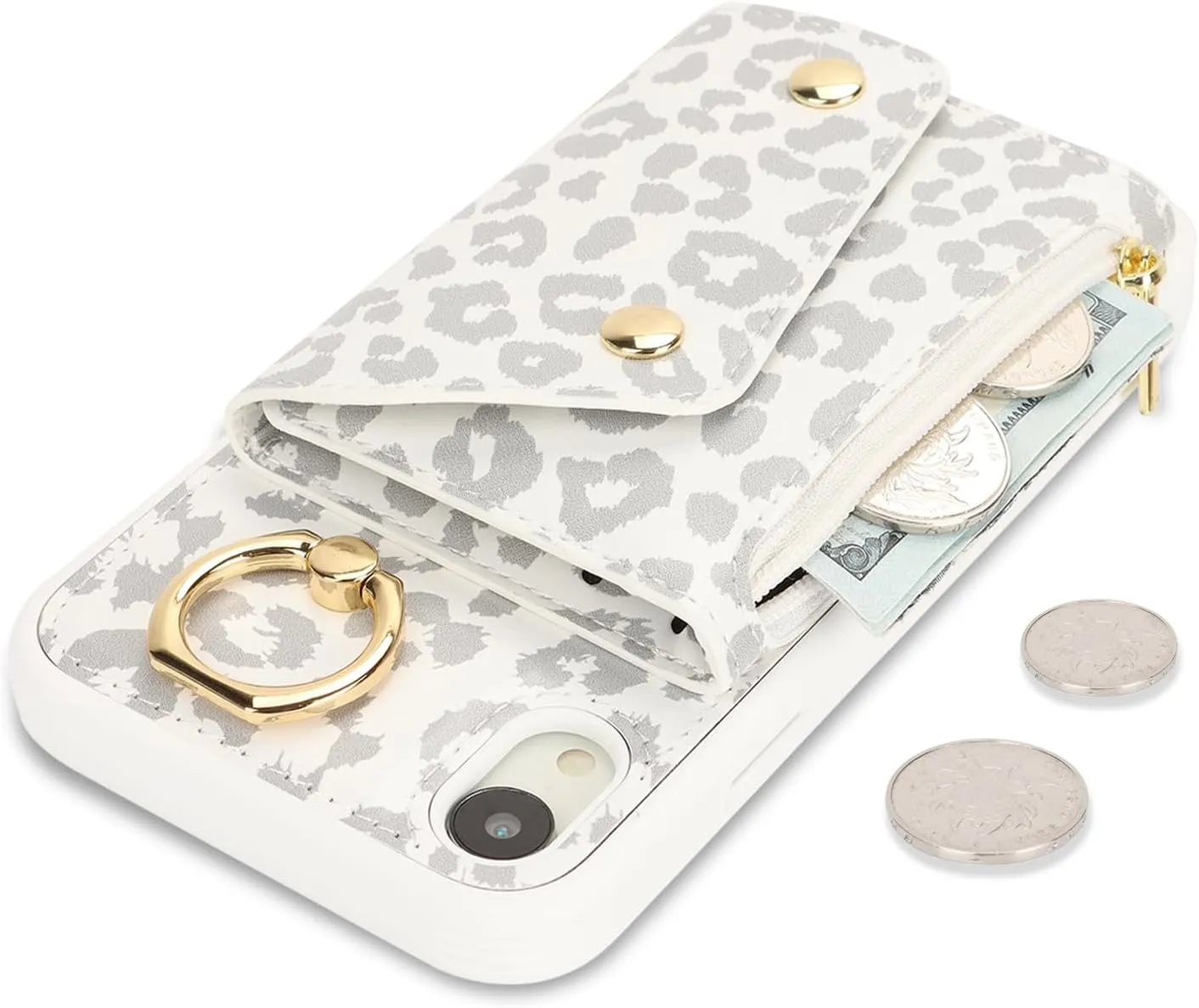 for iPhone XR Case with Card Holder and Strap - Zipper Pocket,Crossbody Lanyard Strap,Credit Card Holder,Stand Ring,Cute Phone Wallet Case for Women(White Leopard,6.1 Inch)