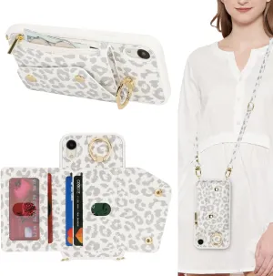 for iPhone XR Case with Card Holder and Strap - Zipper Pocket,Crossbody Lanyard Strap,Credit Card Holder,Stand Ring,Cute Phone Wallet Case for Women(White Leopard,6.1 Inch)