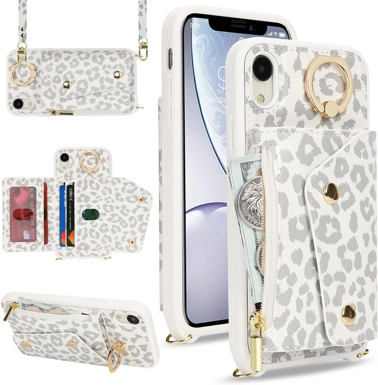 for iPhone XR Case with Card Holder and Strap - Zipper Pocket,Crossbody Lanyard Strap,Credit Card Holder,Stand Ring,Cute Phone Wallet Case for Women(White Leopard,6.1 Inch)
