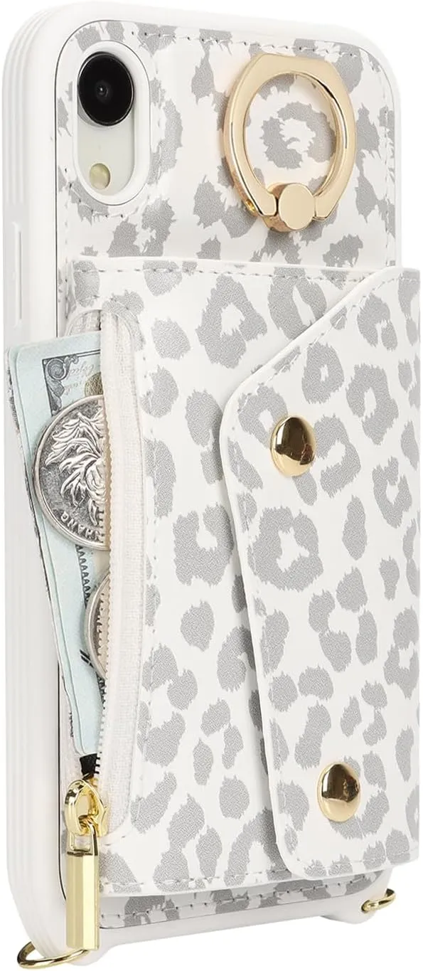 for iPhone XR Case with Card Holder and Strap - Zipper Pocket,Crossbody Lanyard Strap,Credit Card Holder,Stand Ring,Cute Phone Wallet Case for Women(White Leopard,6.1 Inch)